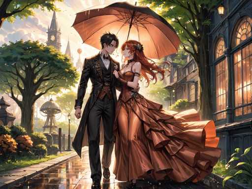 A couple is walking down a street under an umbrella on a rainy day. The man is wearing a black suit and the woman is wearing a long dress with a red headband. They are holding hands as they walk together.
