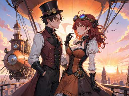 The image depicts two characters dressed in period costumes standing on a rooftop with an air balloon and steam engine in the background. The character on the left is wearing a top hat and coat, while the one on the right has red hair and a dress that matches their outfit. They are positioned in front of a large building, which appears to be a castle or palace-like structure.