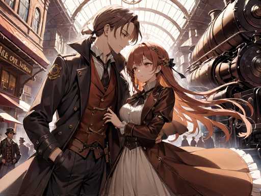A couple dressed in period costumes stands together in a train station with a steam engine visible behind them.
