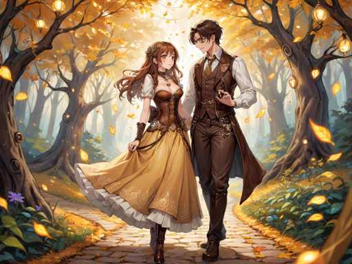 A couple is walking down a path through an autumn forest. The girl wears a yellow dress and brown boots while the boy wears a brown suit with a white shirt underneath. They hold hands as they walk along the path surrounded by trees with orange leaves.