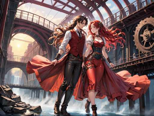 A couple dressed in red and black walking together on a bridge with a train station in the background.