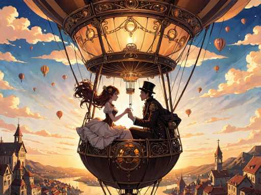 The image depicts a couple sitting on a hot air balloon with a large gold-colored basket and a smaller one below them. The sky is filled with clouds, creating a dreamy atmosphere. In the background, there are buildings of various sizes, suggesting an urban setting. A castle can be seen in the distance, adding to the whimsical nature of the scene.