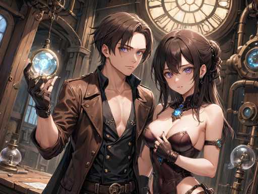 The image depicts two characters - a man and a woman - standing together against the backdrop of an industrial setting with pipes and machinery scattered around them. The man is dressed in a brown coat and black gloves, while the woman is wearing a black dress that matches her hair color. They are positioned close to each other, suggesting a sense of companionship or partnership between the two characters.