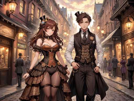 The image depicts two characters dressed in period costumes walking down a cobblestone street lined with buildings and shops. The character on the left is wearing a corset and top hat, while the character on the right is wearing a suit and top hat. They are both carrying a lantern as they walk towards the viewer.