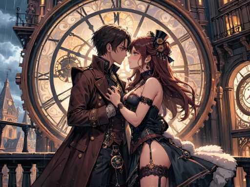 The image depicts a couple standing in front of a large clock with Roman numerals and gold accents. The man is wearing a brown coat and the woman has long red hair and is dressed in black. They are positioned in front of the clock, which is situated on a building with a balcony overlooking the scene.
