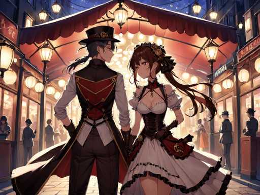 The image depicts two characters dressed in period costumes standing under a red and white striped awning on a street at night. The character on the left is wearing a black top hat and coat with a red collar, while the character on the right is wearing a white dress with a black belt and a black headband. In the background, there are other people walking along the street under similar awnings.