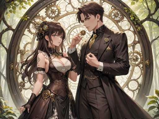 The image depicts two characters dressed in period costumes standing next to each other against a backdrop of a large circular window with intricate gold designs and a tree-like structure on the left side. The character on the right is wearing a black suit and tie, while the one on the left is wearing a brown dress adorned with gold accents.
The background features a lush green forest filled with trees and foliage, creating an atmosphere of mystery and intrigue.