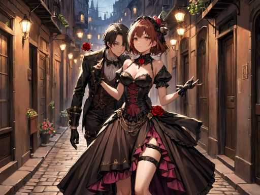 A couple dressed up for a night out on a cobblestone street lined with old buildings and lanterns hanging from the ceiling. The man is wearing a black suit and tie while the woman is wearing a long dress with a red rose in her hair.