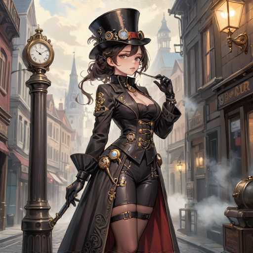 A woman dressed as a steampunk character stands on a cobblestone street with a clock tower and buildings in the background. She is wearing a black top hat, corset, and boots, and holding a pipe in her mouth while smoking.