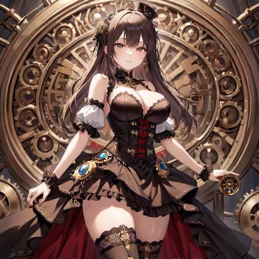 A woman with long dark hair and a black dress stands in front of a large clock face that is gold and adorned with intricate designs. She wears a red headband and has a black hat on her head. The background features a circular pattern with gold accents.