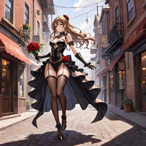 A woman with long blonde hair and a red flower in her hair is walking down a cobblestone street lined with brick buildings on either side. She is wearing a black dress with a ruffled skirt and high heels. The sky above is clear blue with fluffy white clouds, creating a serene atmosphere.