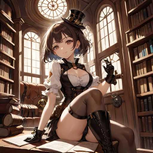 A woman with brown hair and a black top hat is sitting at a desk surrounded by bookshelves filled with books.