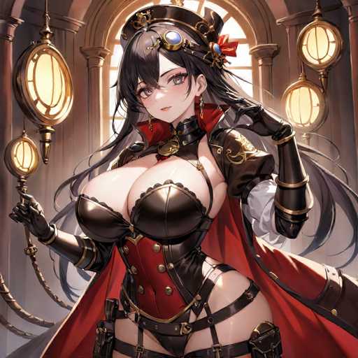 A woman with long dark hair and a red cape is depicted wearing a black corset and holding a large mirror. She has a red headband on her head and is dressed in a black outfit that includes a red cape. The background features a window with gold decorations and a lamp, creating an atmospheric setting for the scene.