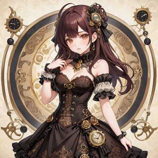 A young girl with long brown hair and a black dress stands in front of a clock face adorned with gold and black designs. The girl is wearing a corset and a headpiece that includes a large gold brooch on her shoulder. She has a serious expression on her face, looking directly at the camera.