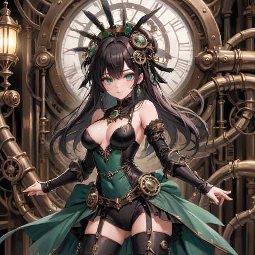 The image depicts an anime character with long dark hair and green eyes wearing a black dress adorned with gold accents and a large headdress featuring feathers. The character is standing against the backdrop of a clock tower, which has a golden hue and intricate details.