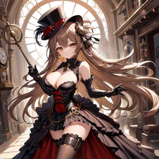 A woman with long brown hair and a black top hat is standing in front of a clock on the wall. She is wearing a red dress and black stockings. The room has a window that lets in natural light, illuminating the space around her.