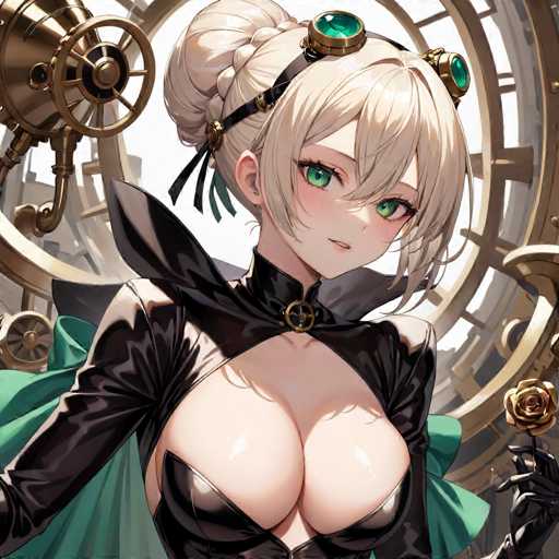 The image depicts a woman with blonde hair and green eyes wearing a black outfit that includes a corset and a headdress. She is holding a rose in her hand. The background features a clock and a bell tower, suggesting an artistic or fantastical setting.