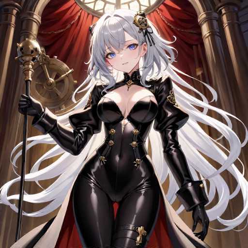 A woman with long white hair and blue eyes is standing in front of a red curtain, wearing a black outfit that includes a corset and boots. She holds a golden staff in her right hand and a gold-colored mask on her face. The background features a window with curtains and a gold clock hanging above it.