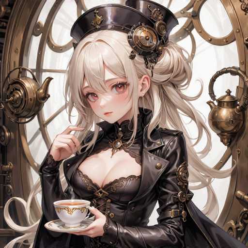 A woman with blonde hair and a black top is shown holding a white cup of tea against the backdrop of a clock tower. The clock has gold accents and a black face, adding to the vintage aesthetic of the scene.