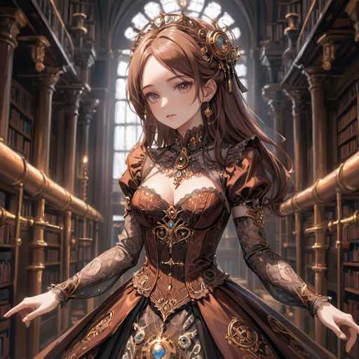 A young girl with long brown hair and a gold headdress stands in front of a bookshelf filled with books, wearing an ornate dress that is predominantly brown with gold accents. The room has tall wooden columns on either side, creating an atmosphere reminiscent of a library or a grand hall.