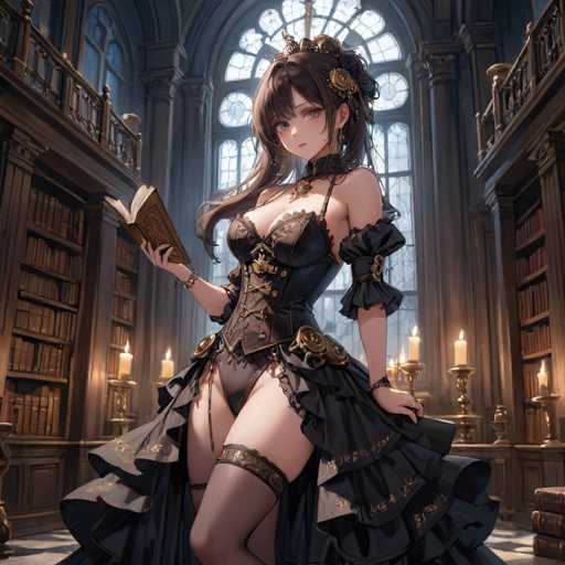 A woman is standing in front of a bookshelf filled with books and candles. She is wearing a black dress that has gold accents and a crown on her head. The room appears to be a library or study area, as suggested by the presence of numerous books surrounding her.