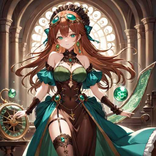 A woman with long red hair and green eyes is standing in a room filled with clocks and other objects. She is wearing a dress that is predominantly green and brown, with a gold belt cinched at the waist. The woman has a large headdress on her head, which is adorned with several jewels. In front of her are two clocks - one larger than the other.