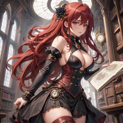 A woman with long red hair and a black dress stands in front of a bookshelf filled with books, holding a book in her right hand and wearing a crown on her head.