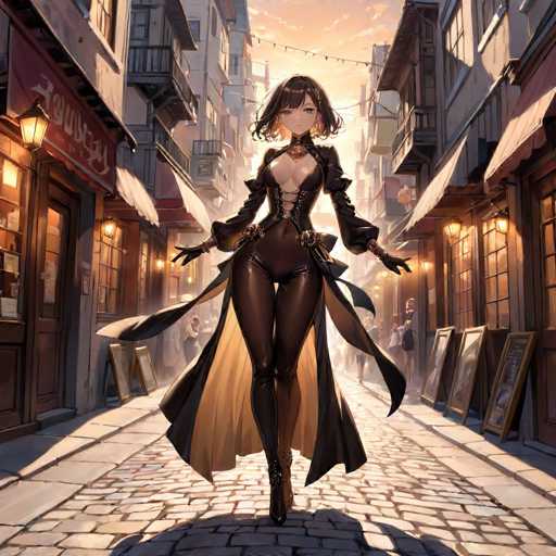 A woman with long brown hair and a black dress is walking down a cobblestone street lined with buildings on either side. The sky above her is painted in shades of orange and yellow, suggesting the time of day to be around sunset or sunrise.