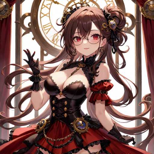 A woman with long brown hair and red eyes is standing in front of a large clock that has gold hands and numbers on it. She is wearing a black dress with a red skirt and a tiara on her head. The background features a white curtain with gold accents.