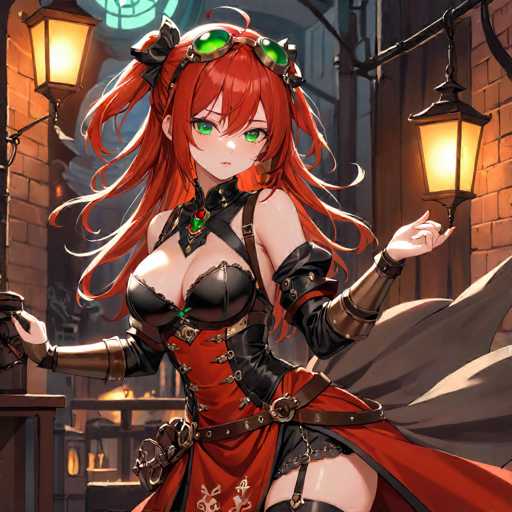 A woman with red hair and green eyes is standing in front of a brick building at night, wearing a red dress and black boots. She has a sword in her hand and is holding a lantern.
