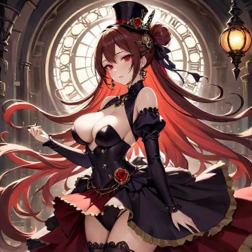 A woman with long red hair and a black top hat is shown in the center of an ornate room with a large window that allows natural light to enter. She is wearing a black dress with gold accents and has her arms crossed over her chest. The background features a clock, adding depth to the scene.