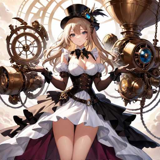A woman with blonde hair and blue eyes is standing in front of a clock tower wearing a black top hat and a white dress with red sleeves. She has her arms outstretched as if she's about to take flight or reach for something. The background features a large clock face, suggesting the image might be from an art project or a creative project.