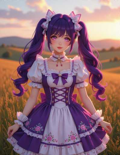 A young girl with long purple hair is standing in a field at sunset. She is wearing a white and purple dress adorned with pink flowers on the bodice and a matching bow around her neck. The girl's face is lit up with a smile as she gazes directly into the camera, creating an endearing and captivating portrait.