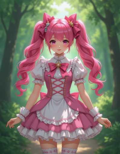 A young girl with pink hair and a white dress stands on a dirt path surrounded by trees in the background of an anime-style illustration.