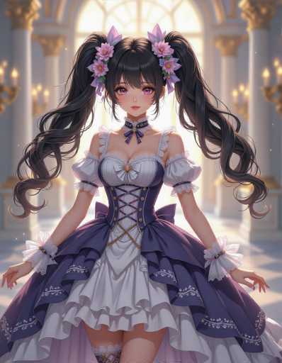 A young woman with long dark hair and a purple dress stands in front of an ornate white building with columns and a large window. The woman is wearing a flower crown on her head and has a serious expression as she gazes directly at the camera.