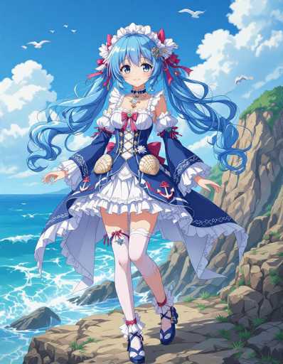 A woman with blue hair and a white dress is standing on a cliff overlooking the ocean. She has a red ribbon tied around her neck and is wearing white stockings. The sky above her is clear blue with fluffy clouds, and the water below mirrors this color in shades of light blue-green.