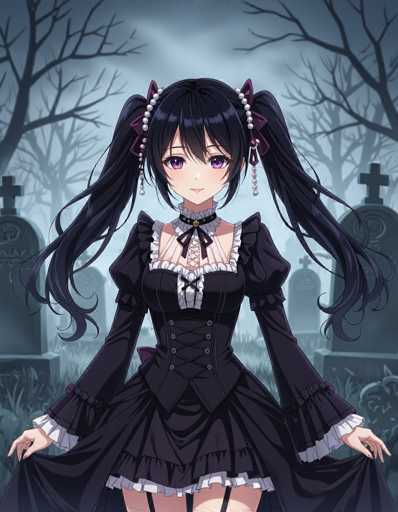 A young girl with long black hair and purple eyes stands in a cemetery surrounded by tombstones on a foggy day. She is wearing a black dress with white lace sleeves and a black headpiece adorned with two pearl earrings. The girl's gaze is directed straight at the camera, creating an eerie atmosphere.