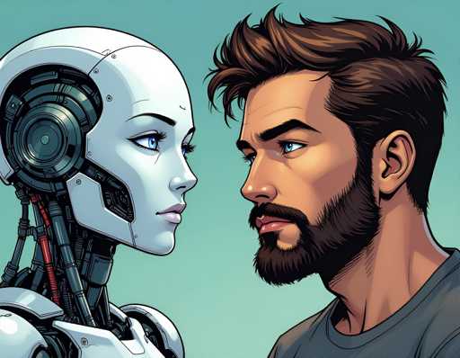 The image depicts two characters - a man with a beard and a white head with blue eyes, and a robot with a large head and arms. The man is wearing a gray shirt, while the robot has a metallic body in shades of silver and black. They are positioned facing each other against a light blue background.