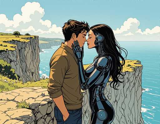 The image depicts a man and woman standing on a cliff overlooking the ocean. The man is wearing a brown shirt and blue jeans, while the woman is dressed in a black suit with a silver helmet. They are both looking out at the vast expanse of water below them.