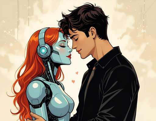A man and woman are sharing a tender moment in an illustration. The man is wearing a black jacket while the woman has vibrant red hair that contrasts with her blue eyes. They are both looking directly at each other, their lips almost touching as they share a kiss.