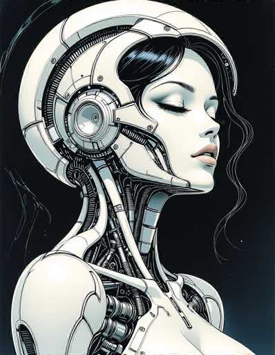 The image depicts a woman with long dark hair wearing a white helmet and a futuristic-looking outfit that includes a large headpiece. The background is black, which contrasts with the white elements of her attire and helmet, making them stand out prominently.