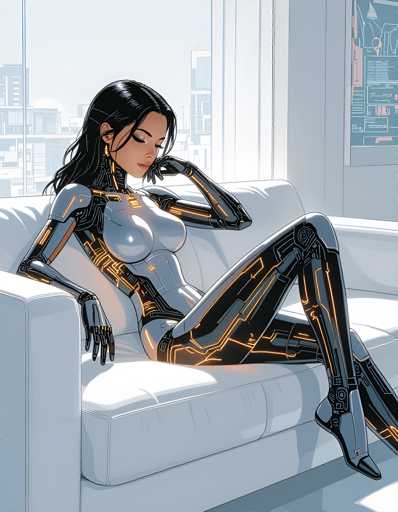 A woman is depicted sitting on a white couch with her legs crossed and her head resting on her hand. She has black hair and is wearing a futuristic outfit that includes a metallic bodysuit with orange lines running down the sides. The background features a window overlooking a cityscape, suggesting an urban setting.