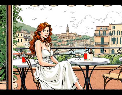 A woman with red hair is seated at a table on an outdoor patio overlooking the ocean and buildings. The table has two wine glasses and a bottle of wine.