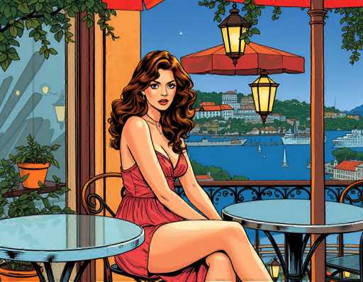 A woman with long brown hair is seated at a table on an outdoor patio of a restaurant. She is wearing a red dress and has her legs crossed. The table she is sitting at is blue in color. In the background, there are two umbrellas providing shade to the tables below them. A boat can be seen sailing on the water nearby.