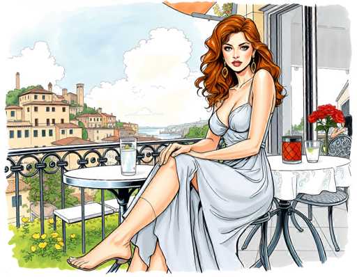 A woman with red hair is sitting on a balcony overlooking a cityscape. She is wearing a white dress and holding a glass of water. The balcony has a metal railing and two tables, one of which holds a vase filled with flowers.