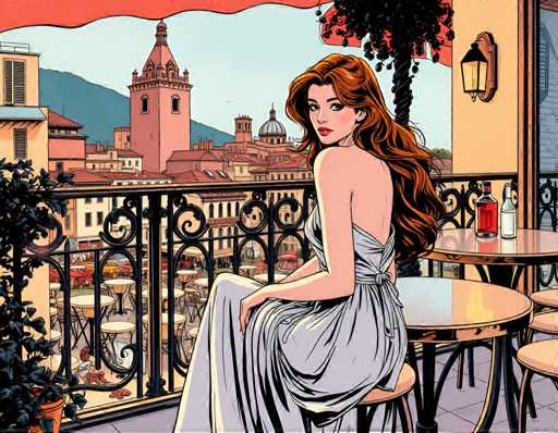 The image depicts a woman sitting on a balcony with her back to the viewer, wearing a white dress and holding a glass of wine. The balcony is adorned with black wrought iron railings and tables covered in red tablecloths. In the background, there are buildings that appear to be part of a cityscape, suggesting an urban setting for this scene.
