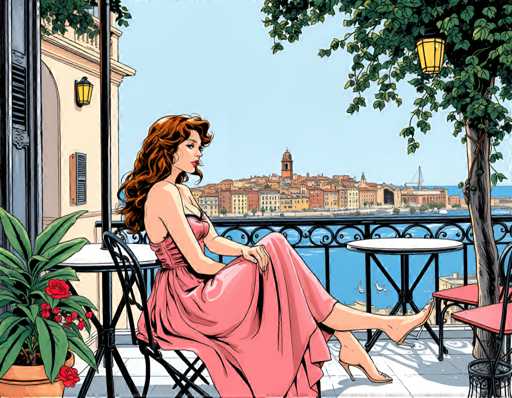 A woman is seated on a bench at an outdoor café, wearing a pink dress and holding her legs up as she gazes out over the water. The café features black wrought iron chairs and tables, with potted plants in front of them. In the background, there are buildings visible through the water's surface.