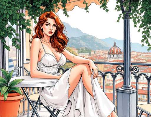 A woman with red hair is sitting on a balcony overlooking a cityscape. She is wearing a white dress and has her legs crossed. The city below features buildings of various sizes and colors, including a large dome-topped building in the background.