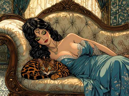 The image depicts a woman lying on a couch with her legs crossed and her head resting on the armrests of the couch. A cat is curled up next to her on the couch's seat. The background features a floral patterned curtain that adds an elegant touch to the scene, suggesting it could be set in a luxurious or opulent room.