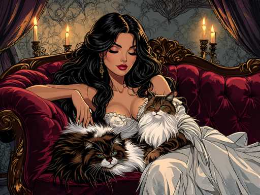 The image depicts a woman sitting on a red velvet couch with two cats resting on her lap. The woman is wearing a white dress and has long dark hair. The background features a dark purple curtain and a gold-colored wall adorned with candles.